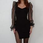 Plain Long Sleeve Side-slit Sheath Mini Dress
