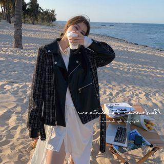 Plaid Panel Faux Leather Jacket