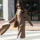 Round-neck Slit-hem Rib-knit Dress Brown - One Size