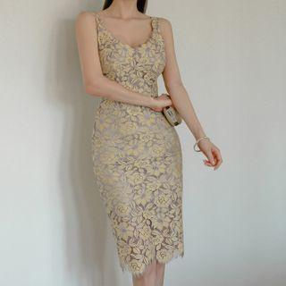 Wide Strap Floral Print Lace Dress