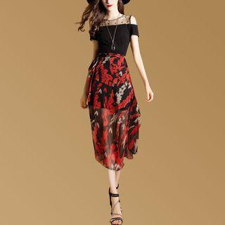Set: Cut Out Shoulder Short Sleeve Dress + Printed Wrap Midi Skirt