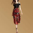 Set: Cut Out Shoulder Short Sleeve Dress + Printed Wrap Midi Skirt