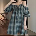 Plaid Cold-shoulder Mini Shift Dress