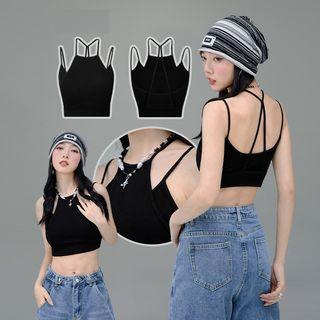 Double-layered Crop Tank Top Houndstooth - Black - One Size