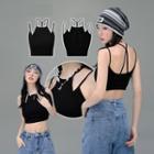 Double-layered Crop Tank Top Houndstooth - Black - One Size