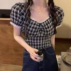 Puff-sleeve Plaid Lace Trim Crop Top Plaid - Black & White - One Size
