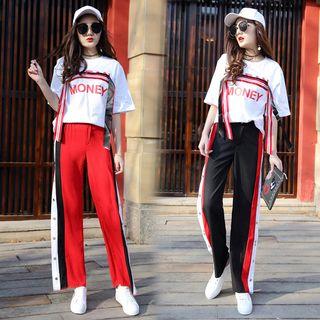 Set: Contrast Trim Elbow-sleeve T-shirt + Side-slit Wide Leg Pants