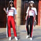 Set: Contrast Trim Elbow-sleeve T-shirt + Side-slit Wide Leg Pants