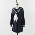 Set: Contrast Trim Sailor Collar Blouse + Tie + Pleated Skirt