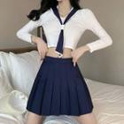 Long-sleeve Tie-neck Crop Top / Pleated Mini Skirt / Set