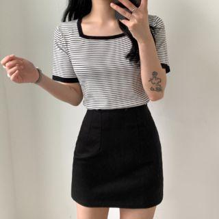 Square-neck Stripe Ringer Knit Top