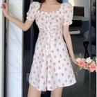 Puff-sleeve Square-neck Floral Lace-up Mini A-line Dress