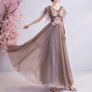 Flower Beaded V-neck A-line Mesh Evening Gown