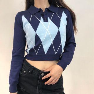Polo-neck Argyle Cropped Knit Top