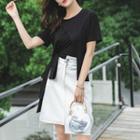 Set: Plain Short-sleeve Irregular T-shirt + High-waist A-line Denim Skirt