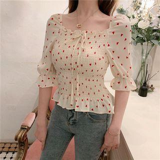 Elbow-sleeve Heart Pattern Smocked Top As Shown In Figure - One Size