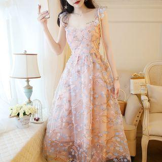 Sleeveless Floral Embroidered Lace A-line Midi Dress