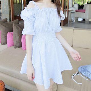 Short-sleeve Cold-shoulder Pinstriped Mini A-line Dress Sky Blue - One Size