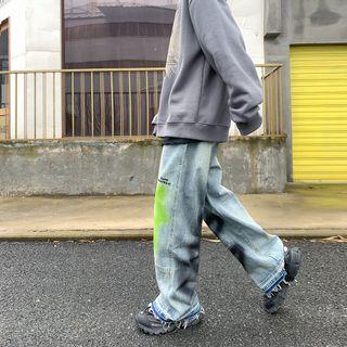 Graffiti Print Fray-hem Wide-leg Jeans