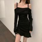 Long-sleeve Off-shoulder Drawstring Mini Bodycon Dress
