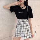 Set: Short-sleeve Letter Cutout T-shirt + Plaid Wide-leg Shorts
