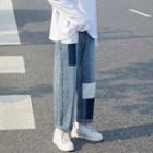 Contrast Panel Straight-cut Cropped Jeans