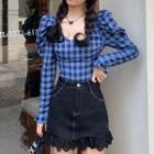 Long-sleeve Plaid Top / A-line Skirt