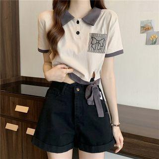 Contrast Trim Tie-hem Cropped Polo Shirt