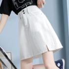 High-waist Plain Slit Denim A-line Skirt