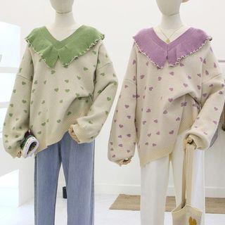 Ruffle-neck Heart Jacquard Sweater