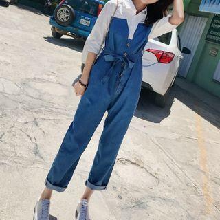 Elbow-sleeve Denim Panel Jumpsuit