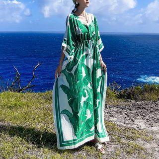 3/4-sleeve Print Maxi Dress Green - One Size