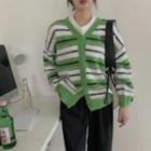 Long-sleeve Striped Knit Cardigan Green - One Size