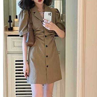 Short-sleeve Collared Ruched Mini Sheath Dress