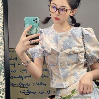 Short-sleeve Floral Print Bow Top / A-line Skirt
