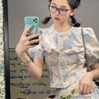 Short-sleeve Floral Print Bow Top / A-line Skirt
