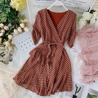 Short-sleeve Dotted Mini Wrap Dress