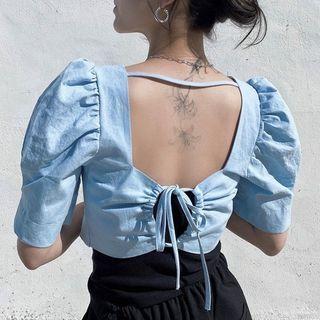 Short-sleeve Drawstring Open-back Blouse