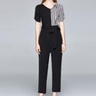 Short-sleeve Striped Panel Straight-leg Jumpsuit