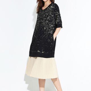 Mock Two Piece Star Print Pleated Hem Elbow Sleeve Dress