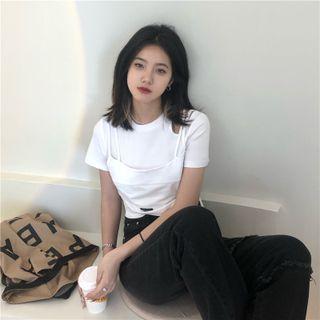 Set: Short-sleeve T-shirt + Spaghetti Strap Top Set - White - One Size