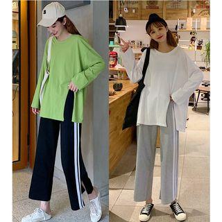 Long-sleeve Slit Top / Striped Sweatpants