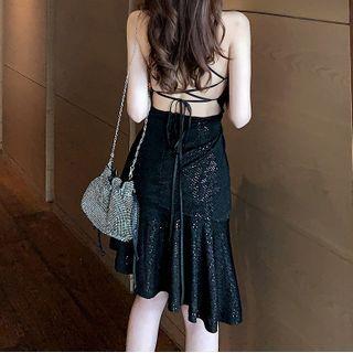 Sleeveless Backless Lace Ruffled Dress