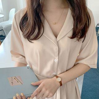Cuff-sleeve Slit-side Shirtdress With Sash