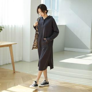 Buttoned-neckline Midi Hoodie Dress
