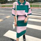 Set: Striped Knitted Short-sleeve Polo Shirt + Midi Skirt
