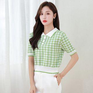 Plaid Collared Short Sleeve T-shirt Green - One Size