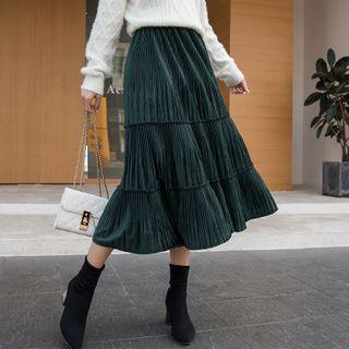 Velvet Midi A-line Accordion Pleated Skirt Green - One Size