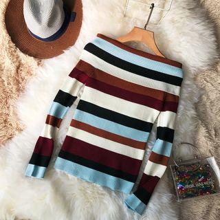 Off-shoulder Striped Long-sleeve Knit Top