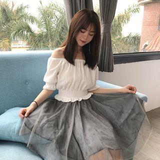 Off Shoulder Short Sleeve Tulle Dress